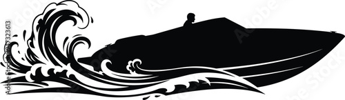 Silhouette of a fast speed boat racing through ocean waves representing luxury travel summer vacation water sports adventure and nautical.