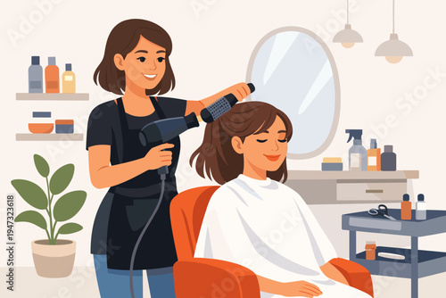Professional Female Hairdresser Styling Young Woman's Hair with Hairdryer and Round Brush in Modern Beauty Salon Interior, Flat Vector Illustration of Haircare Service and Grooming Experience