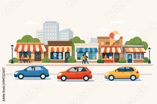 Flat vector illustration of a busy city street with colorful storefronts, shops, and cafes. People are walking on the sidewalk and driving cars in traffic against an urban skyline background.