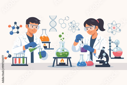 Two young scientists, a man and a woman, conducting chemistry experiments in a laboratory with beakers, flasks, and a microscope. Flat vector illustration for science, research, and education.
