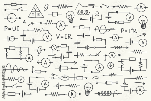 Hand-drawn electrical circuit symbols and scientific formulas for physics and engineering education. Includes Ohm's law, resistors, capacitors, and light bulbs in a doodle sketch style pattern.