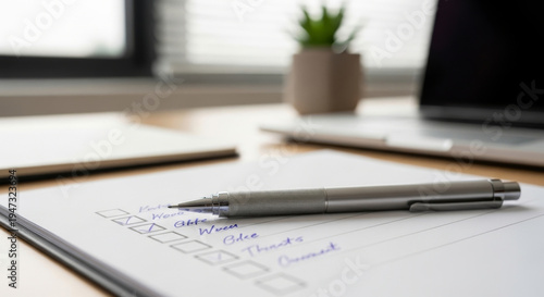 Sleek Silver Pen Rests Beside a Checklist on a Wooden Desk, Symbolizing Productivity and Planning in a Modern Workspace Representing a Modern Business and Finance Concept