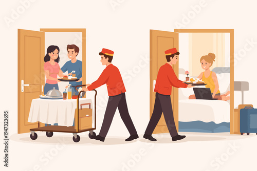 Hotel room service vector illustration showing staff in red uniforms delivering food trays to guests in their rooms, featuring a couple at the door and a woman working on a laptop in bed.