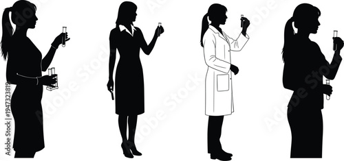 Female scientist silhouette set holding test tubes for laboratory research medical science pharmaceutical study professional chemistry biology and women in stem concept vector