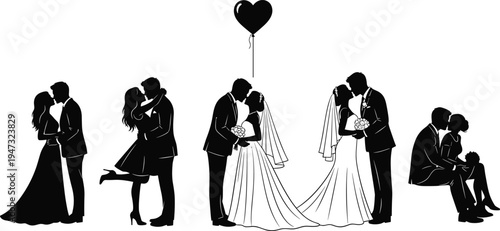 Wedding couple silhouettes set with bride and groom kissing, romantic marriage ceremony elements, love heart balloon, wedding invitation vector design.