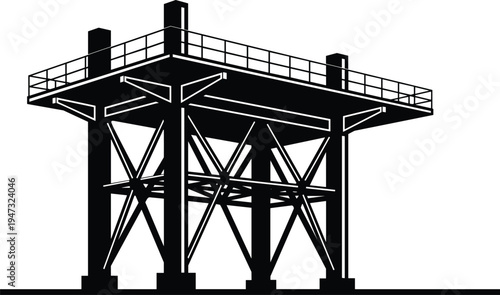 Industrial platform silhouette with steel girders and metal scaffolding for oil rig construction engineering site heavy industry and offshore manufacturing concept vector