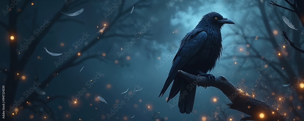 Fototapeta premium Black raven sits on branch, feathers float in misty night forest. Glowing lights create magical atmosphere. Dark trees, mystery, twilight scene.