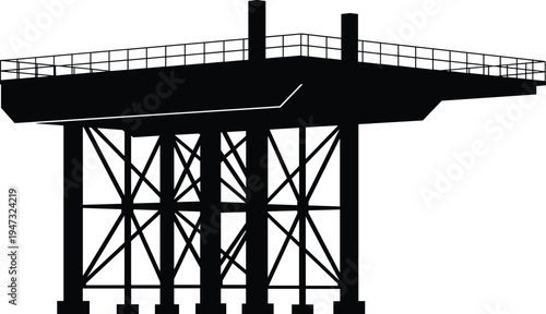 Offshore oil rig platform silhouette for energy industry gas exploration maritime engineering petroleum production ocean drilling station and industrial fuel resource concept vector