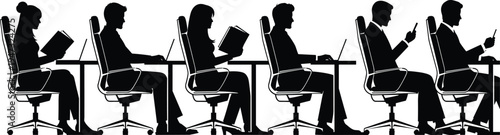 People silhouettes sitting at office desks with laptops and books for corporate work business teamwork coworking space professional career and modern workplace concept