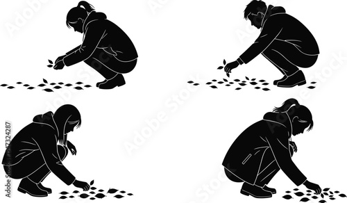 People silhouettes squatting to pick up autumn leaves for gardening nature conservation agricultural work seasonal fall activities and environmental protection concept vector
