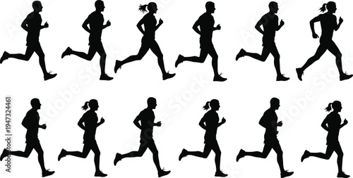 Set of running people silhouettes for marathon race jogging competition healthy lifestyle fitness training outdoor exercise and sports activity concept vector illustration