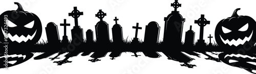 Spooky Halloween graveyard silhouette with jack o lantern pumpkins and tombstones for horizontal banner background horror party decoration and creepy seasonal celebration