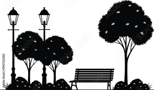 Urban park silhouette with park bench street lamps and trees for outdoor relaxation city garden landscape design and public recreation area concept