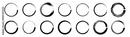 Japanese enso rings zen circle brush strokes vector set. Minimalist black ink handdrawn style oriental aesthetic elements. Grungy dry brush paint texture round frames for logo and background.