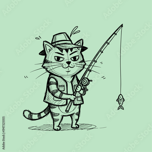 Cartoon cat holding fishing rod.