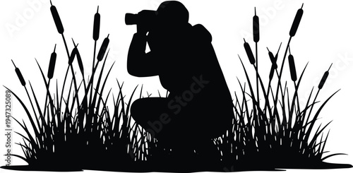 Wildlife photographer silhouette taking pictures in tall grass and cattails for nature photography hobby wildlife observation and outdoor adventure concept vector illustration