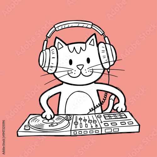 Cartoon cat wearing headphones DJing music.