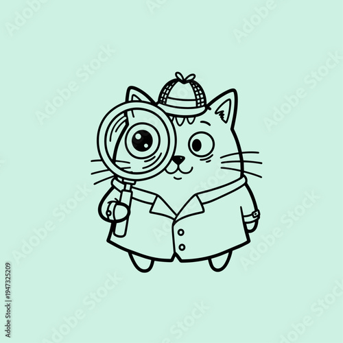 Cartoon cat detective with magnifying glass.