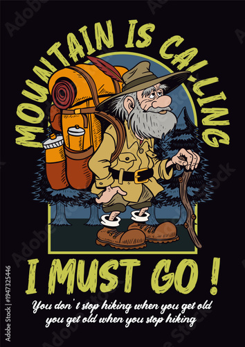 Vintage Hiking Adventure T-Shirt Design with Old Mountain Explorer Backpacker Illustration