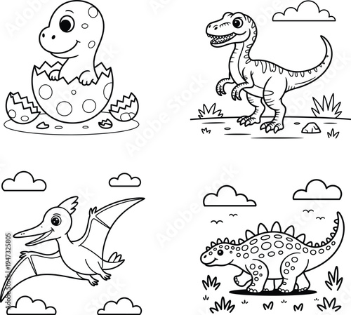 Cute baby dinosaur cartoon vector set, hatching dino egg tyrannosaurus pterodactyl and ankylosaurus characters, kids coloring page outline illustration collection
