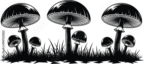Black mushroom silhouettes with grass on white background, botanical fungus vector illustration, nature landscape elements, organic garden plant icon set.