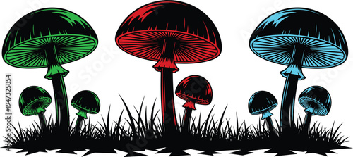 Colorful mushroom silhouettes in green red and blue with black grass, botanical fungus vector illustration, nature landscape design elements set.