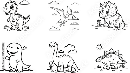 Cute dinosaur cartoon vector set, kawaii dino characters including tyrannosaurus triceratops pterodactyl stegosaurus and brachiosaurus, kids coloring page line art illustration collection