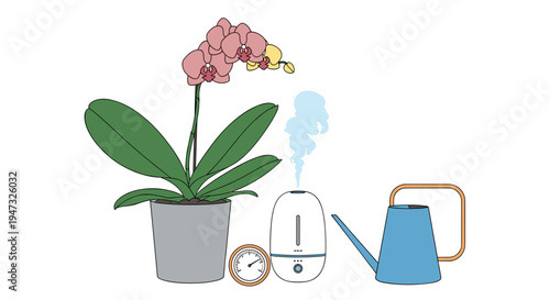Orchid plant care setup with humidifier watering can and hygrometer indoor orchid growing and houseplant care vector illustration