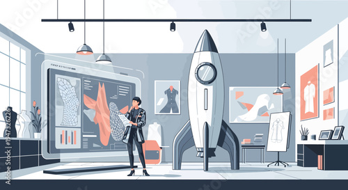 Woman Architect Designing Futuristic Rocket in Modern Studio.