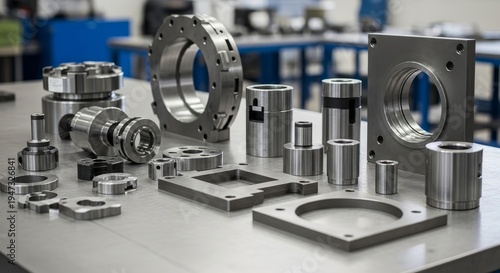 Precision machined metal parts arranged on industrial table