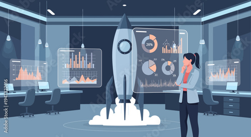 Woman Observing Rocket Launch in Futuristic Data Center.