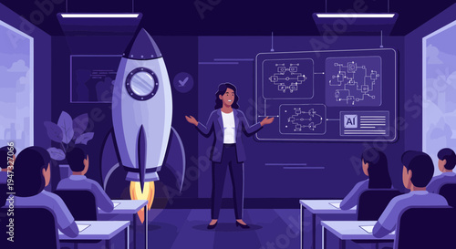 Woman presenting a rocket to an audience in a classroom.