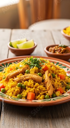 Typical Latin American dish of chicken rice and colorful vegetables.