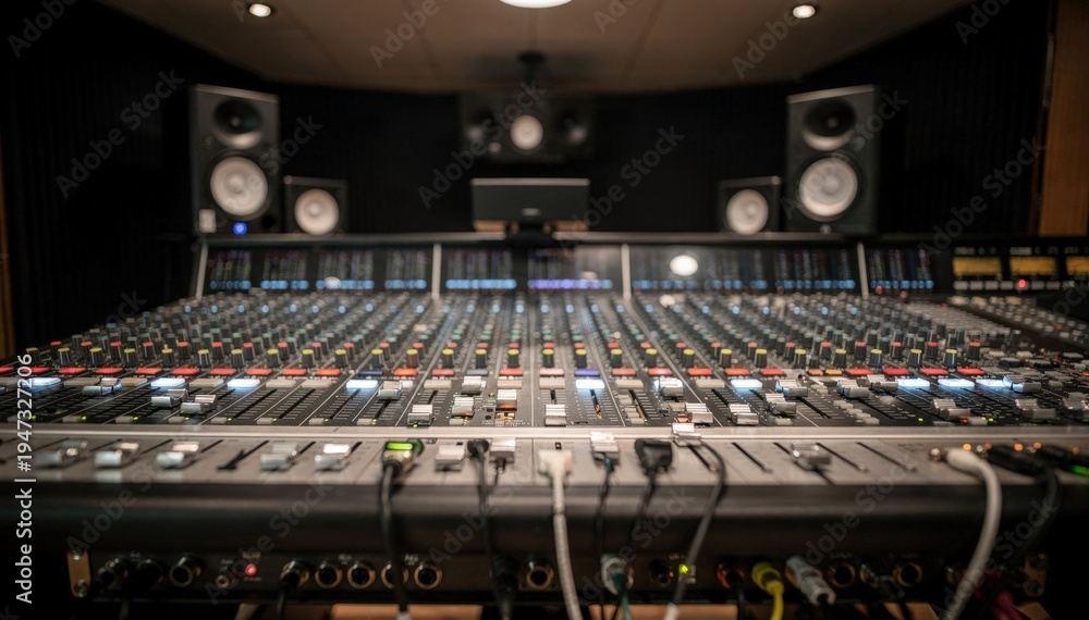 Fototapeta premium Detailed view of a mixing board with illuminated objectbased channels foreground sharp and 3D speaker layouts for drama productions gracefully blurred behind.
