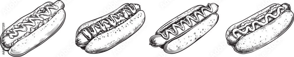 Fototapeta premium simple black and white outline drawing of a classic hot dog, ideal for fast food and street food concepts