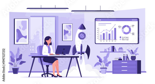 Woman working on computer in modern office setting.