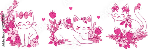 Girly coquette cat with flowers pink icons