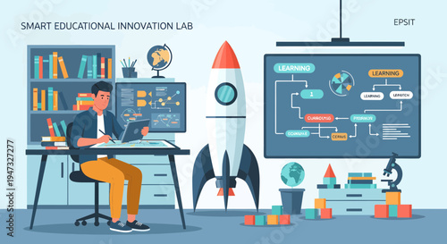 Young man working on a laptop in a smart educational innovation lab.