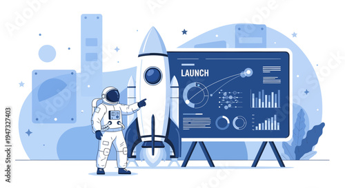 Astronaut presenting rocket launch data on screen.