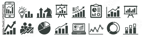 business statistics icon set with charts, graphs, analytics dashboard and financial data report vector illustration collection on transparent background
