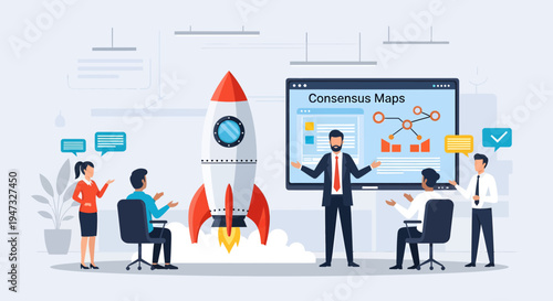 Business Team Launching Rocket Project Strategy Meeting.