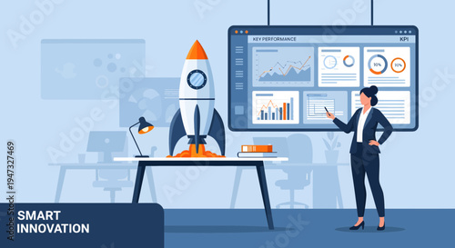 Businesswoman analyzing rocket launch data on digital dashboard.