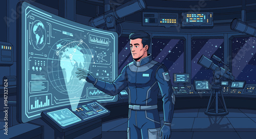 Man in futuristic uniform interacting with holographic display.