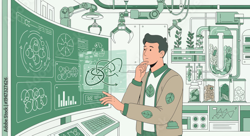 Man in lab coat contemplating futuristic technology interface.