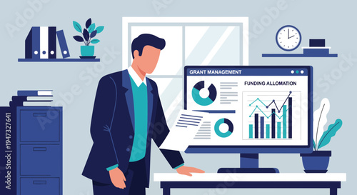 Man in Suit Analyzing Financial Data on Computer Screen.