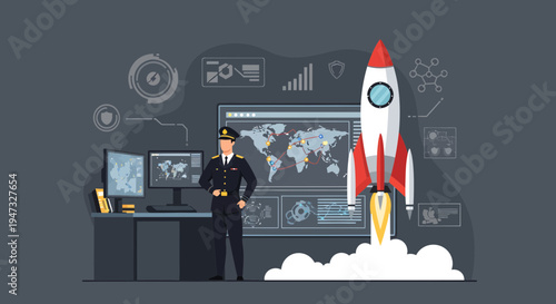 Man in uniform and rocket launch control center.