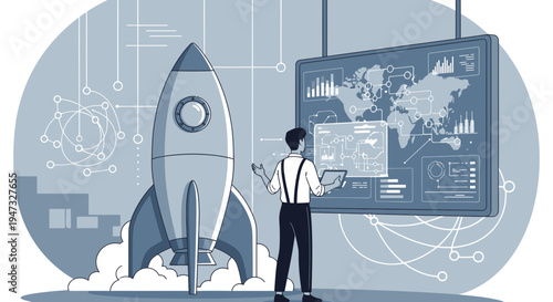 Man in Suspenders Standing Next to Rocket Ship Looking at Digital Screen.