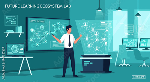 Man Interacting with Futuristic Holographic Display in a Modern Lab.