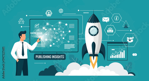 Man launching rocket with digital data insights.