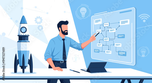 Man presenting business strategy on digital board with rocket.